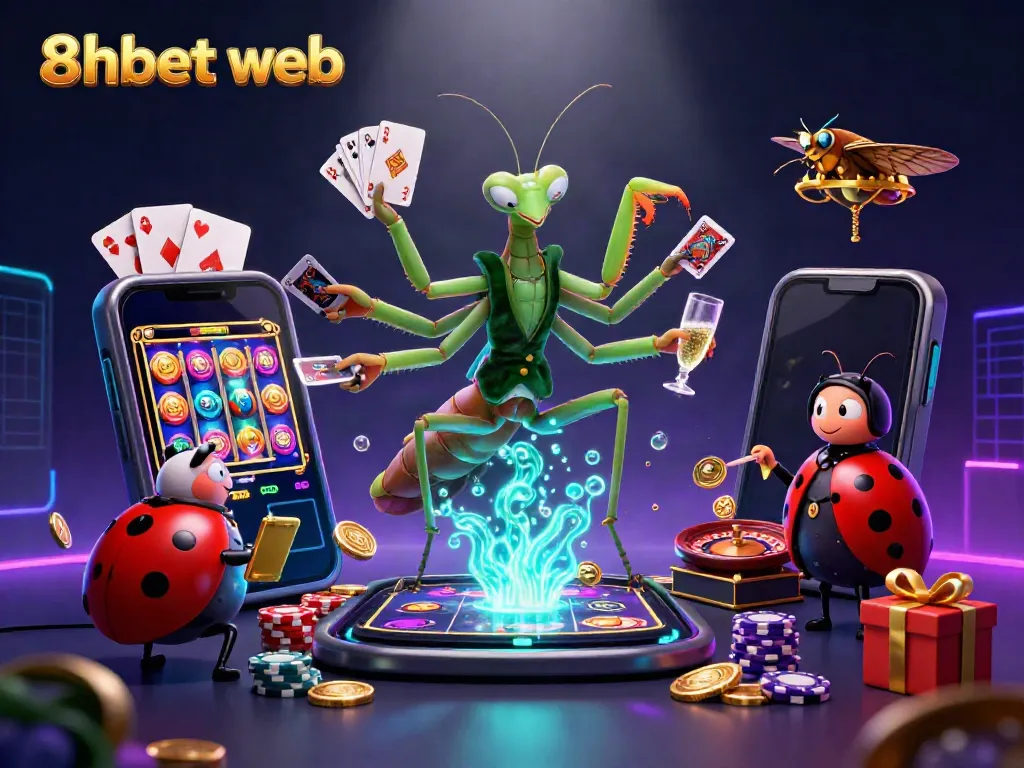 Experience the excitement of 8xbet web with vibrant casino elements and characters engaged in gaming.