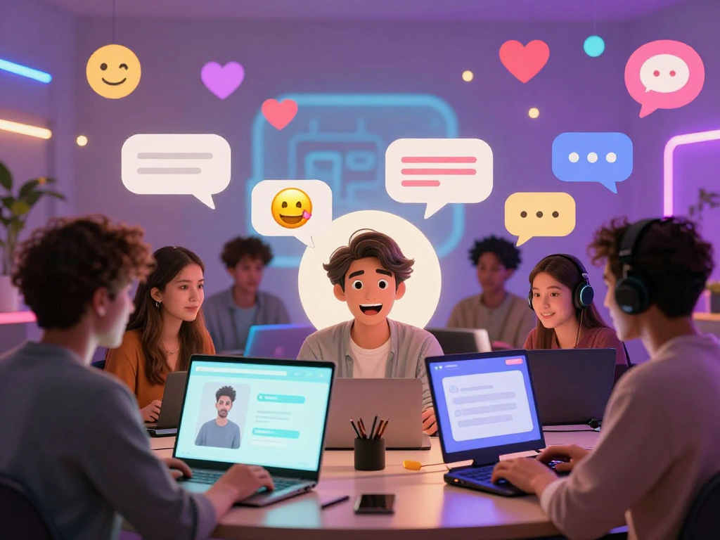 Engaging ai sex chat conversation scene with users connecting through friendly avatars and colorful digital chat bubbles.