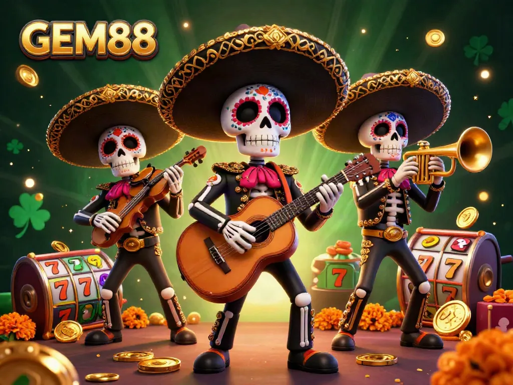 GEM88 brings vibrant energy with a mariachi band and slot reels, capturing the essence of casino excitement.