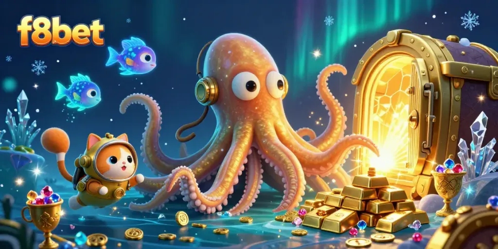 Bet on f8bet and dive into treasure-filled fun with a massive kraken and glowing gems.
