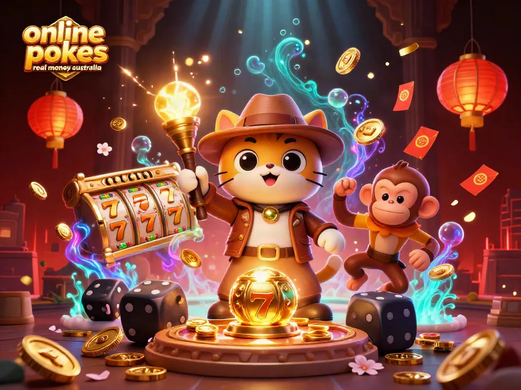 Engage in online pokies real money Australia with 3D explorers discovering casino artifacts surrounded by slot reels and vibrant decor.