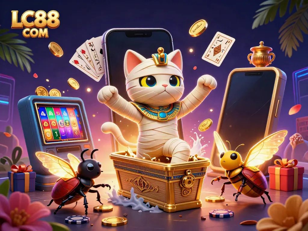 Experience the excitement of LC88 COM with a vibrant casino-themed 3D illustration.