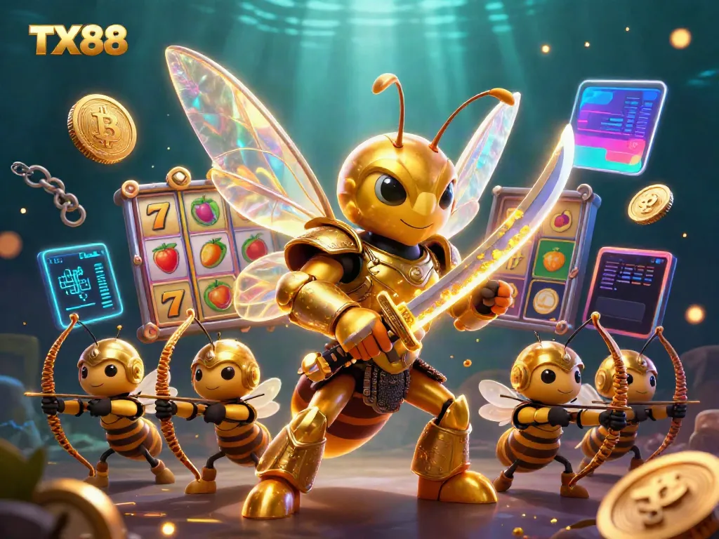 Engage with TX88’s thrilling slot reels and crypto elements in a vibrant casino scene.