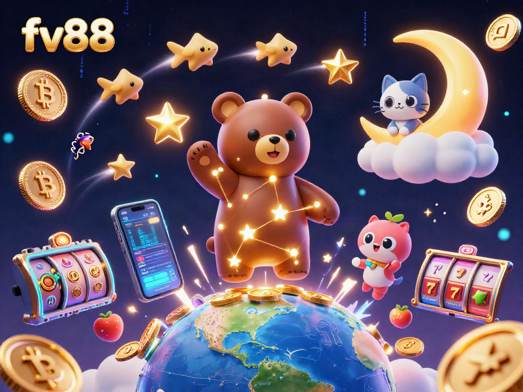Engage with fv88's thrilling online gaming experience featuring a vibrant casino scene and crypto elements.