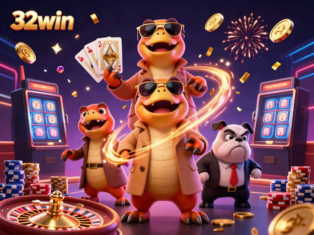 Experience the fun at 32win casino with cartoon raptors and a bouncer, amidst sparkling treasures.