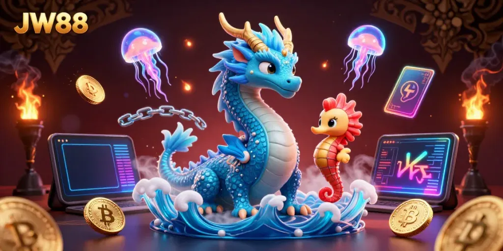 Experience thrilling casino adventures at JW88 with an enchanting dragon and vibrant underwater characters.