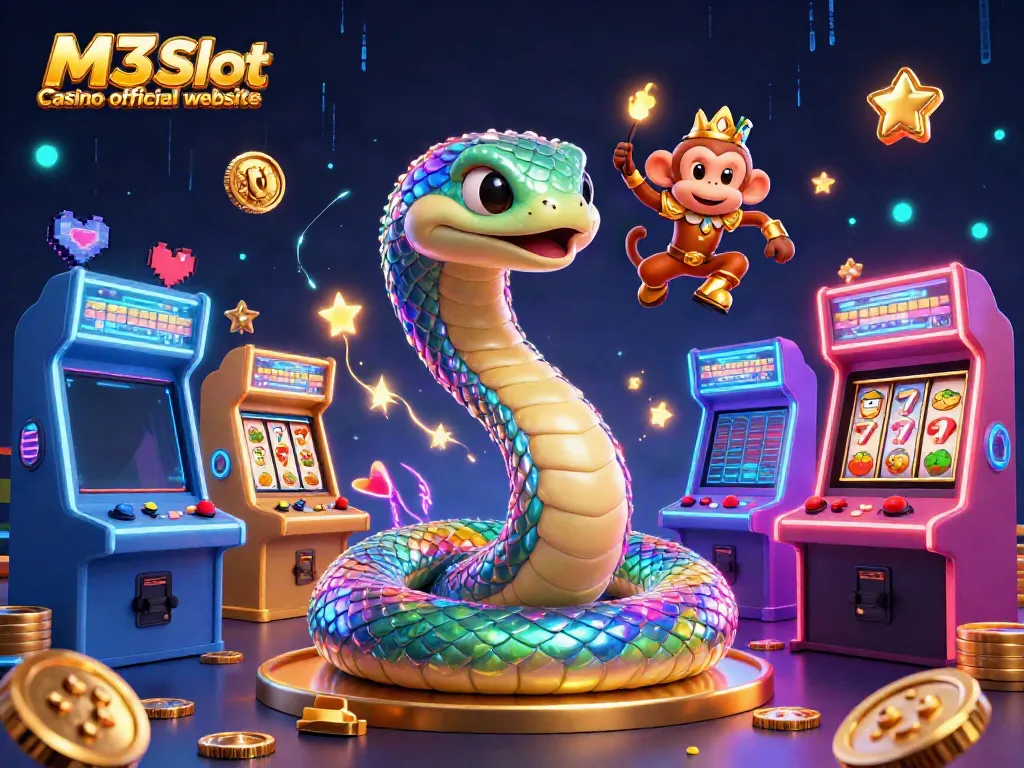 Engage with the vibrant world of M3 Slot Casino official website in this 3D colorful casino scene.