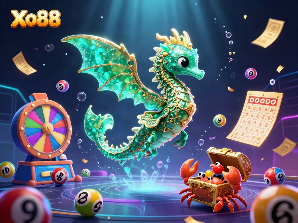 Xo88 draws players into a vibrant underwater casino atmosphere filled with dynamic lottery balls and treasure.