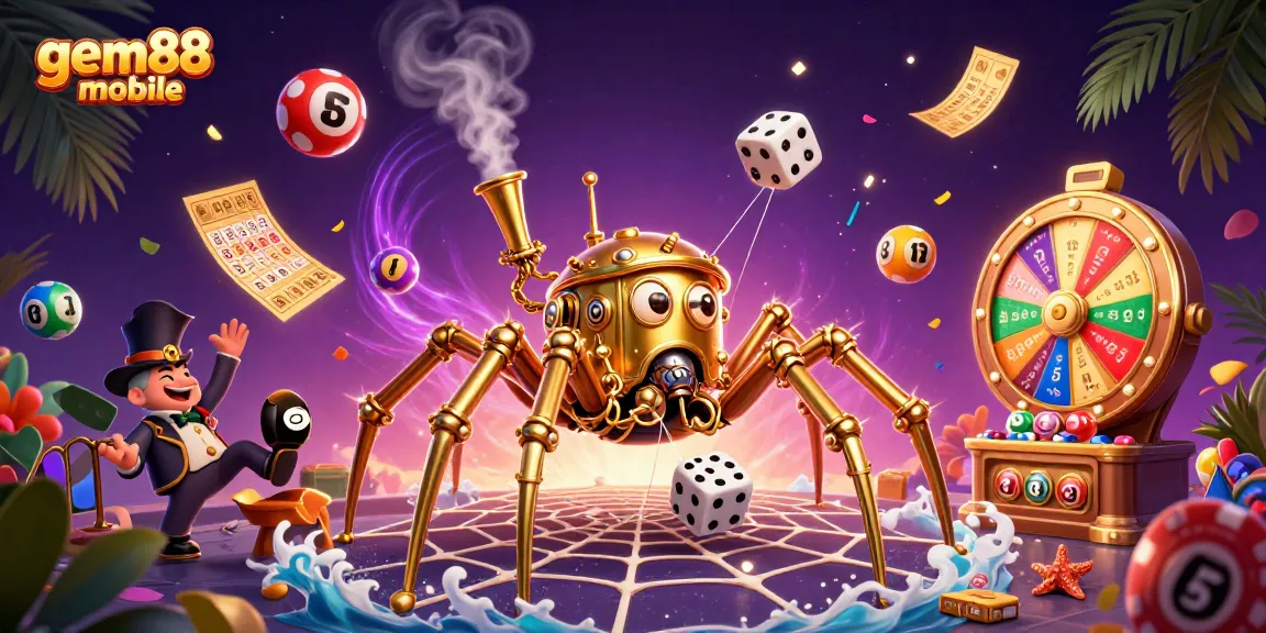 Engage with gem88 mobile through a vibrant 3D steampunk casino illustration showcasing dynamic lottery elements.