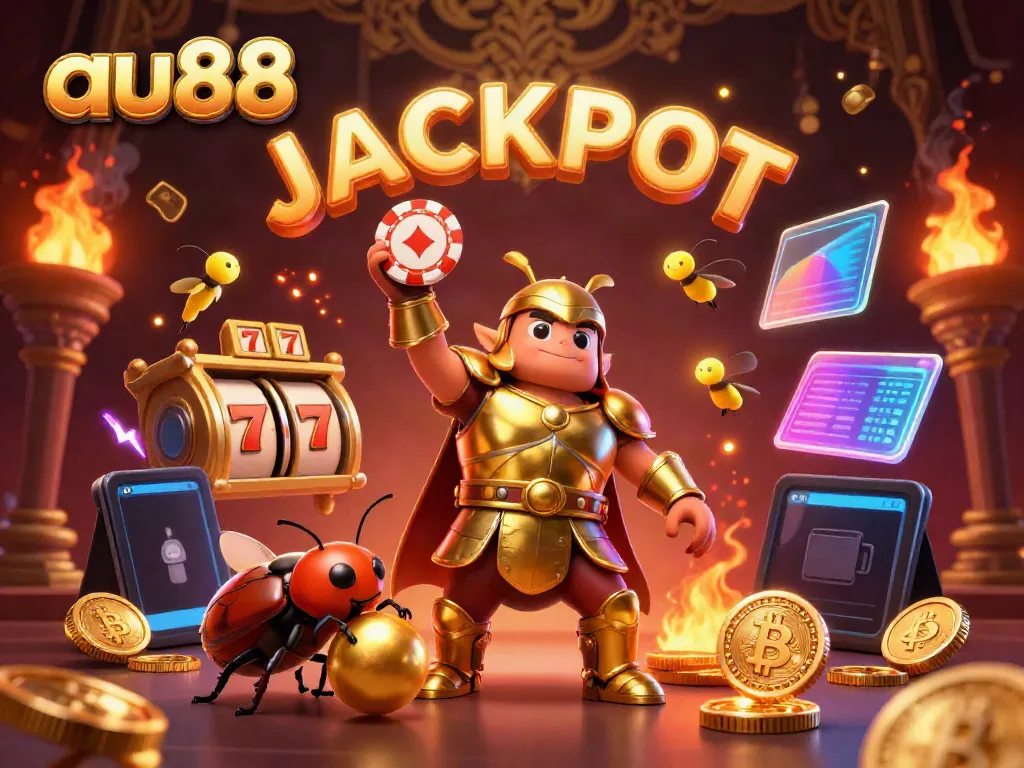 Experience thrilling wins at au88 with a victorious beetle character celebrating in a rich casino atmosphere.