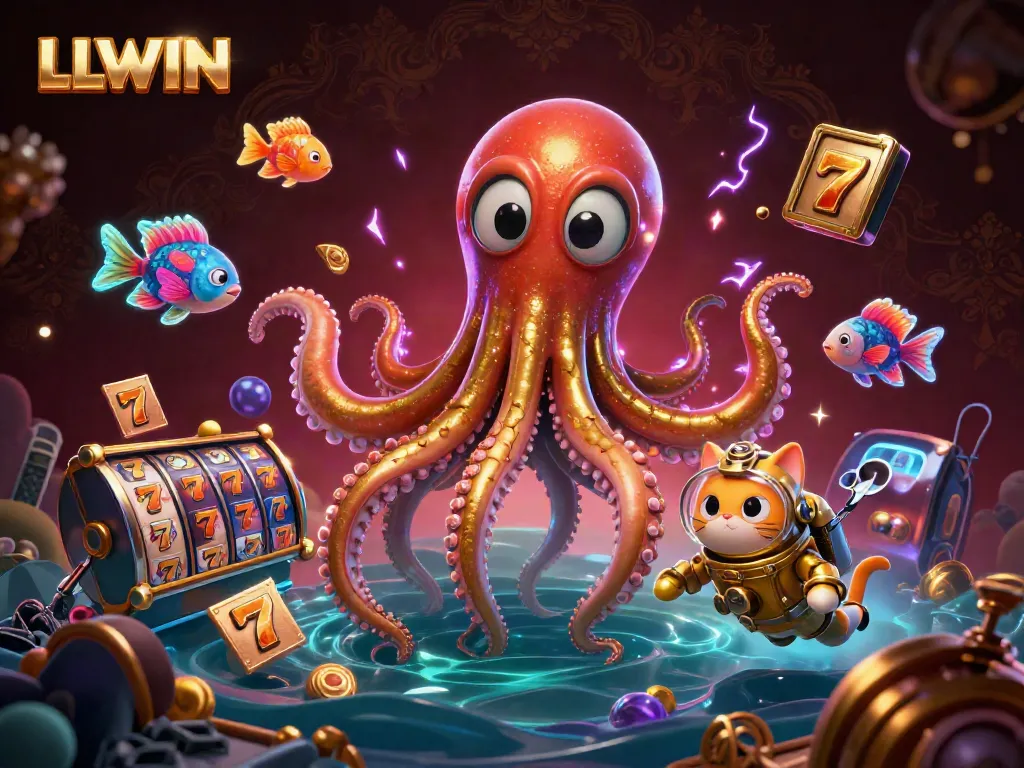 Engage with LLWIN's thrilling slot experience featuring a kraken and diving cat in a treasure-filled ocean.