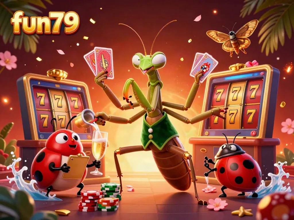Experience excitement at fun79 with a lively 3D casino scene featuring a mantis dealer and slot machines.