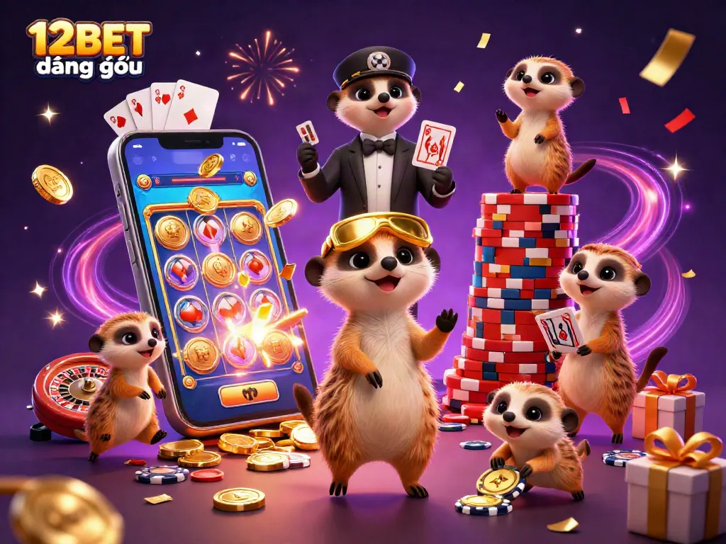 Experience 12BET đăng nhập through an exciting 3D animated casino scene with meerkats and vibrant game elements.