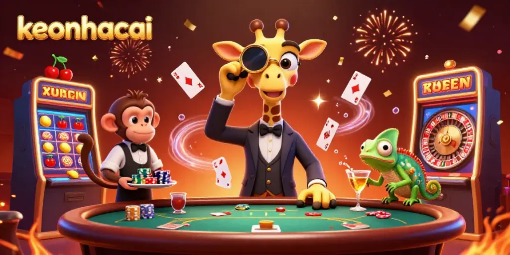 Experience the thrill of keonhacai with a high-roller giraffe and casino action in a vibrant scene.