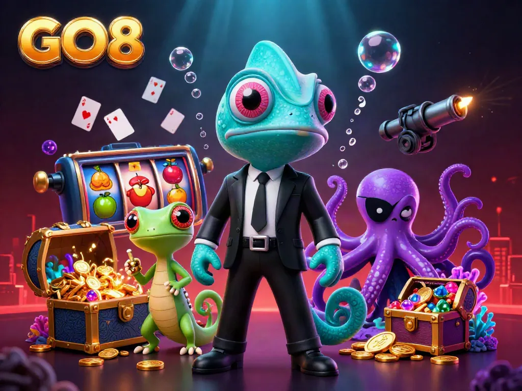 Experience the excitement of GO8 with a vibrant casino scene featuring colorful slot reels, playing cards, and dynamic characters.