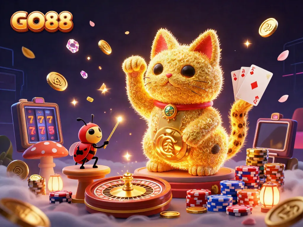 Experience the excitement at GO88 with a vibrant 3D illustration of casino elements and lucky symbols.