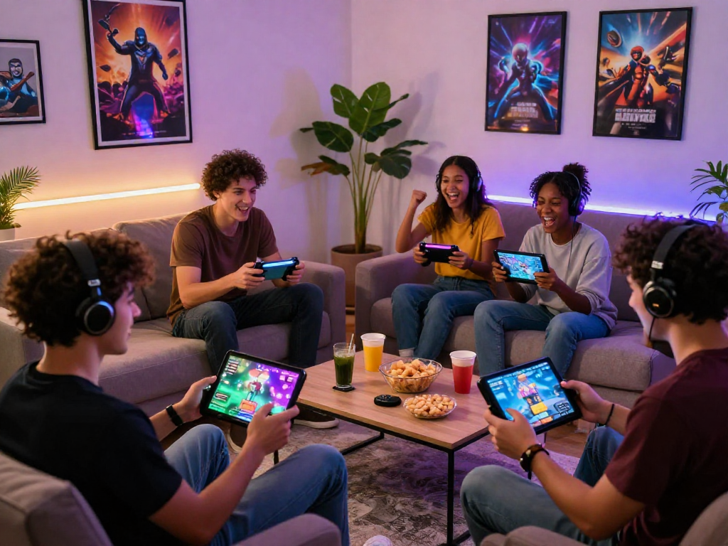 Gamers engaging with online porn games in a lively living room setting.