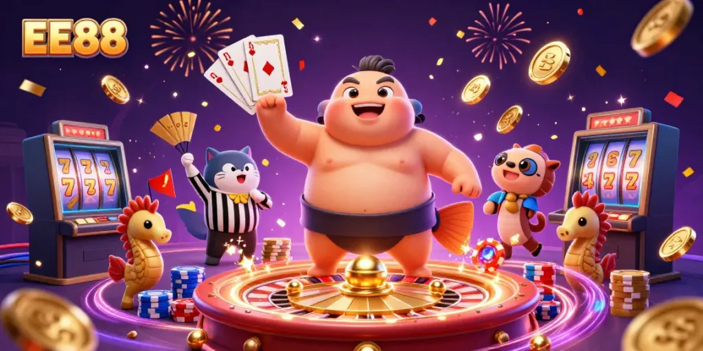 Experience thrilling moments at EE88 with a lively underwater casino scene featuring colorful characters and dynamic gaming elements.