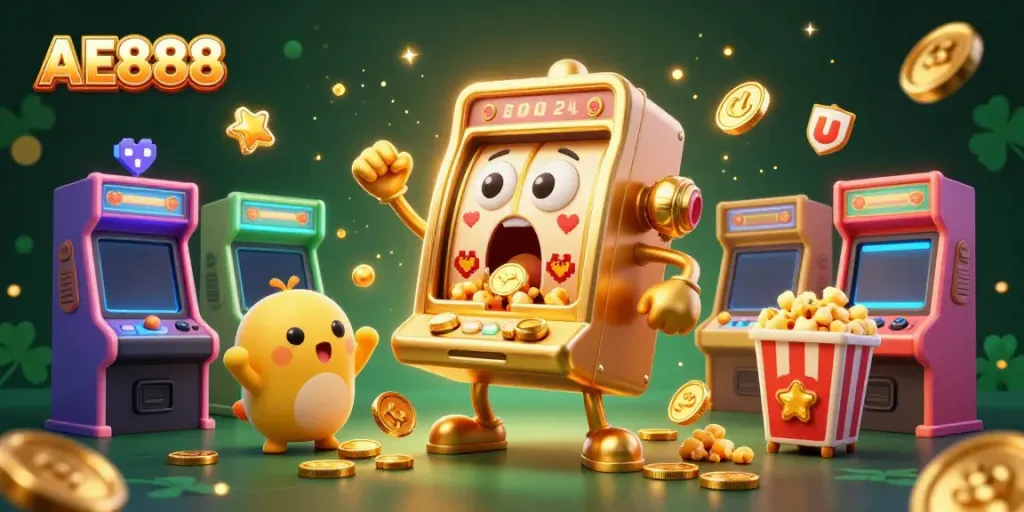 Experience the excitement of AE888 as a golden slot machine hits a jackpot, showering coins in a vibrant animated scene.