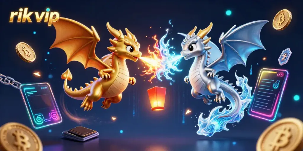 Win big with rik vip in this engaging 3D illustration featuring dynamic dragons and vibrant crypto elements.