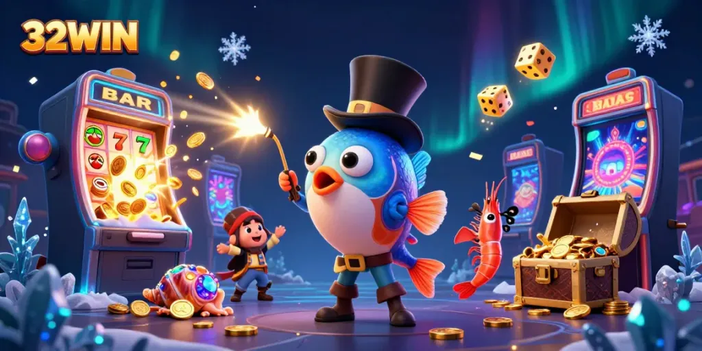 Engage in thrilling gaming experiences with 32WIN, featuring a vibrant carnival of characters and dazzling casino elements.