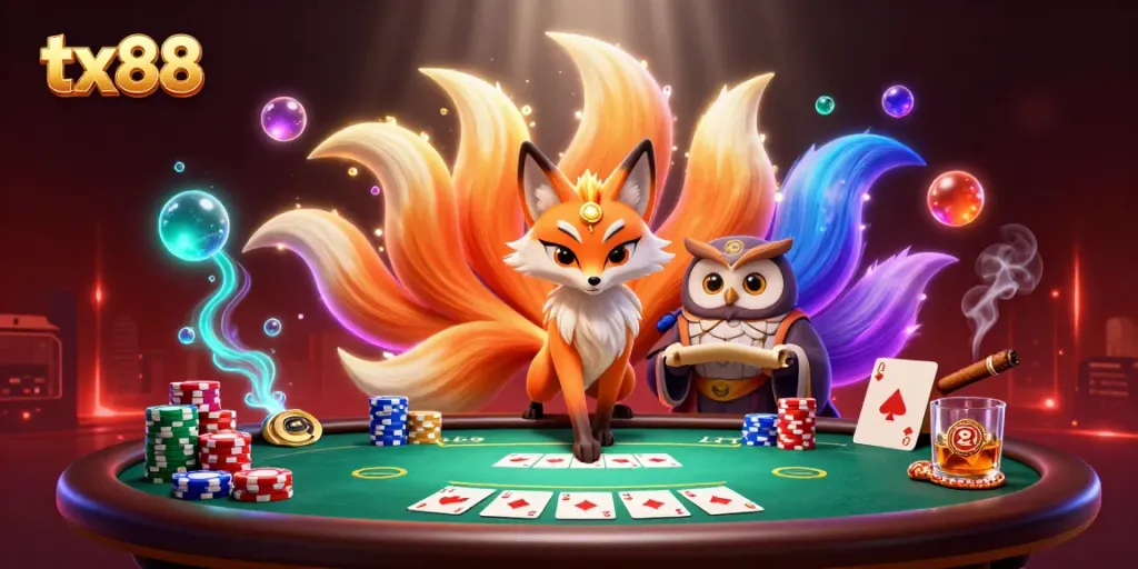 Experience the thrill of tx88 with a vibrant 3D casino illustration featuring dynamic characters and poker elements.