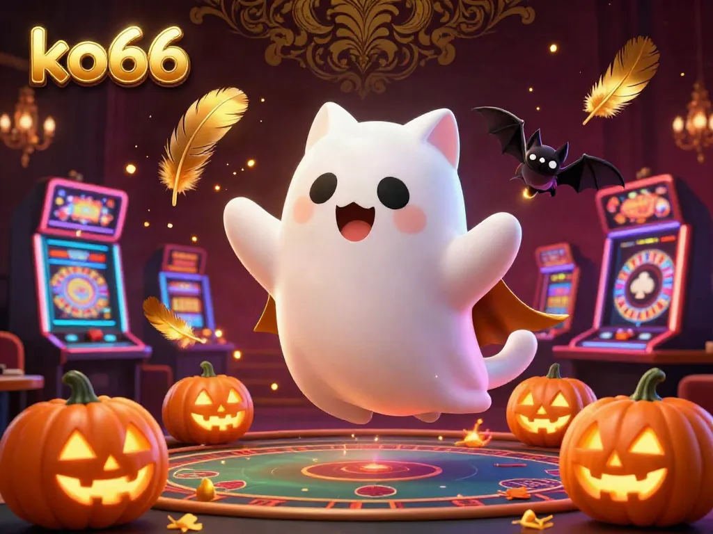 Engage with KO66's festive casino atmosphere featuring a friendly ghost cat and vampire bat amidst glowing poker jack-o-lanterns.