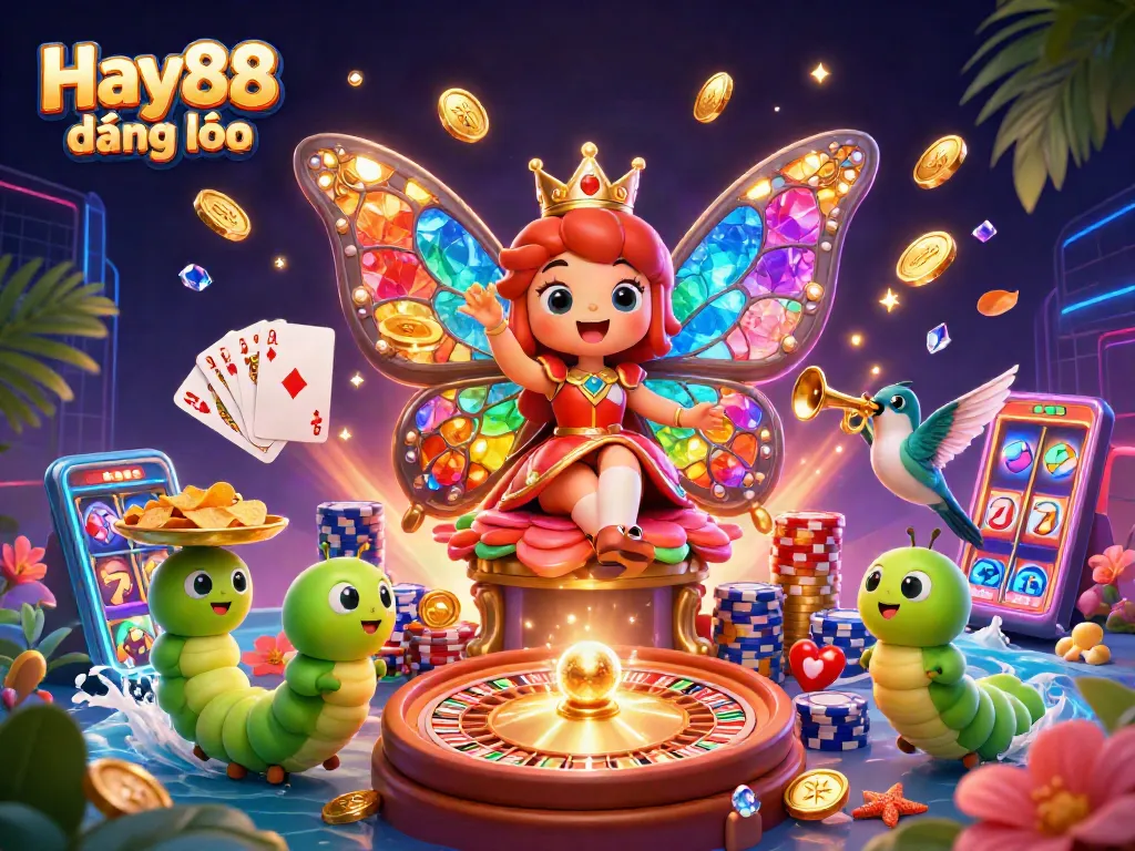 Engaging image illustrating Hay88 đăng nhập with cartoon butterfly queen, casino chips, and vibrant gaming elements.
