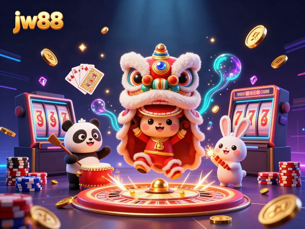 Experience thrilling wins with jw88's festive casino scene featuring a lion dance and sparkling elements.