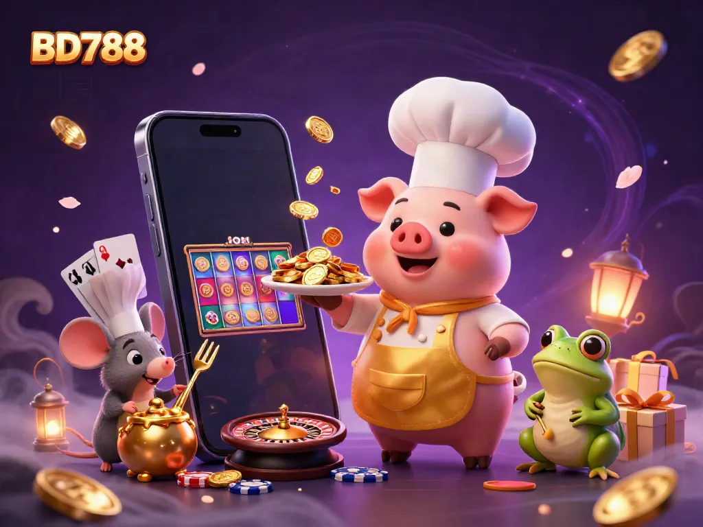 Immerse in BD788's vibrant gaming hub with a whimsical 3D illustration showcasing a chef pig, a sous-chef mouse, and a critic frog in a colorful casino scene.