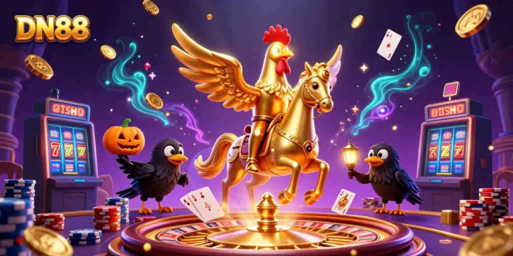 Experience thrilling action at DN88 with a golden rooster and ghostly horse in a vibrant casino.