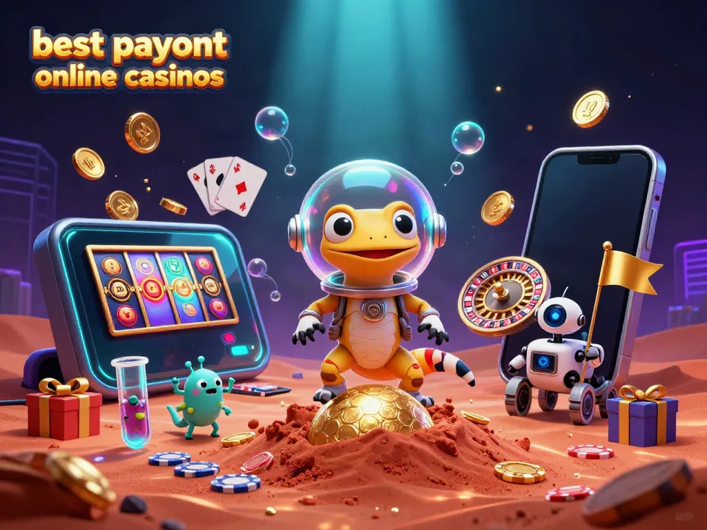 Experience thrills at best payout online casinos with a Martian gecko discovering a golden casino on Mars.