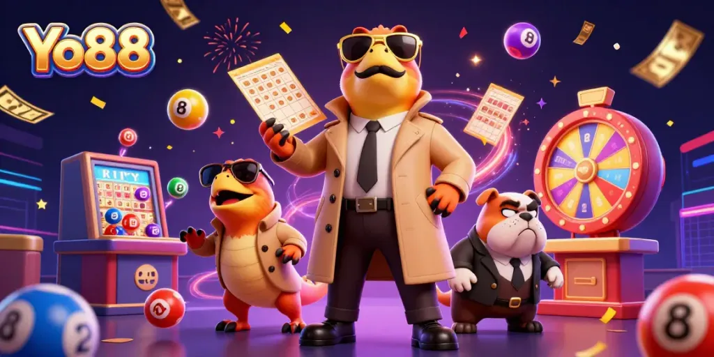 Experience the adventurous world of Yo88 with raptors in a trench coat entering a VIP lounge.