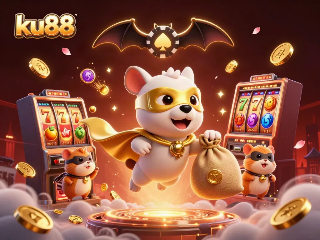 ku88 casino illustration featuring a superhero dog and hamster navigating through slot games