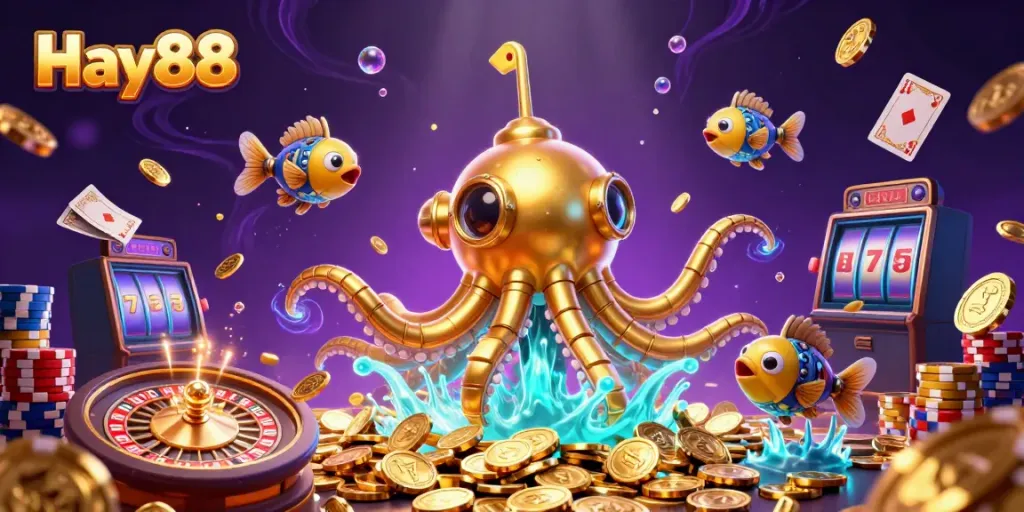 Experience big wins with Hay88 in this 3D illustration featuring a golden kraken and casino elements.
