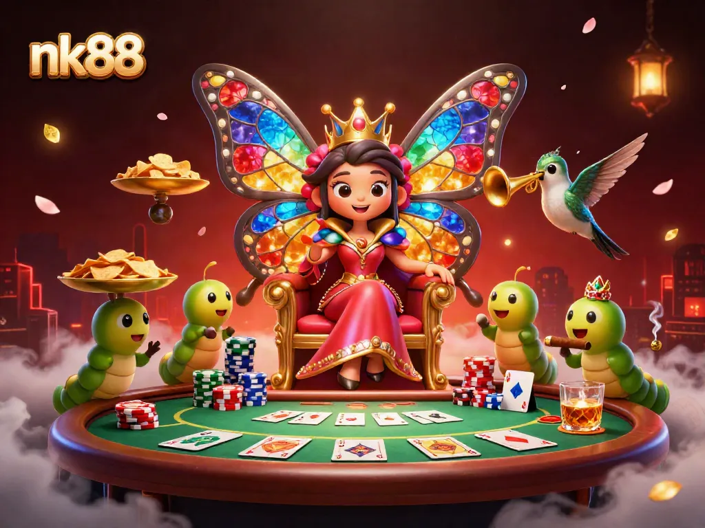 Experience nk88's vibrant casino world with a dazzling butterfly queen and poker excitement.