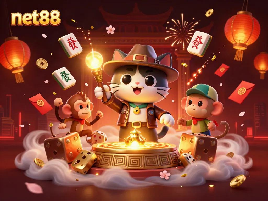 Engaging exploration of gambling magic with net88 featuring cats and artifacts in a bustling casino