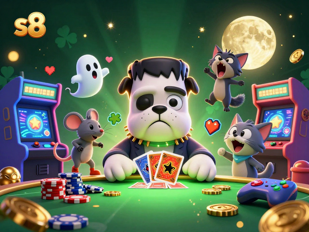 Experience thrilling games at s8 with our vibrant casino illustration featuring unique characters.