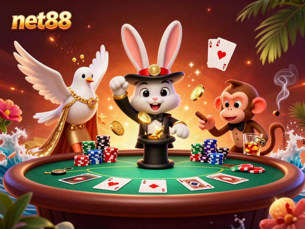 Experience magical wins at net88 with a scene of colorful poker chips and enchanting characters.