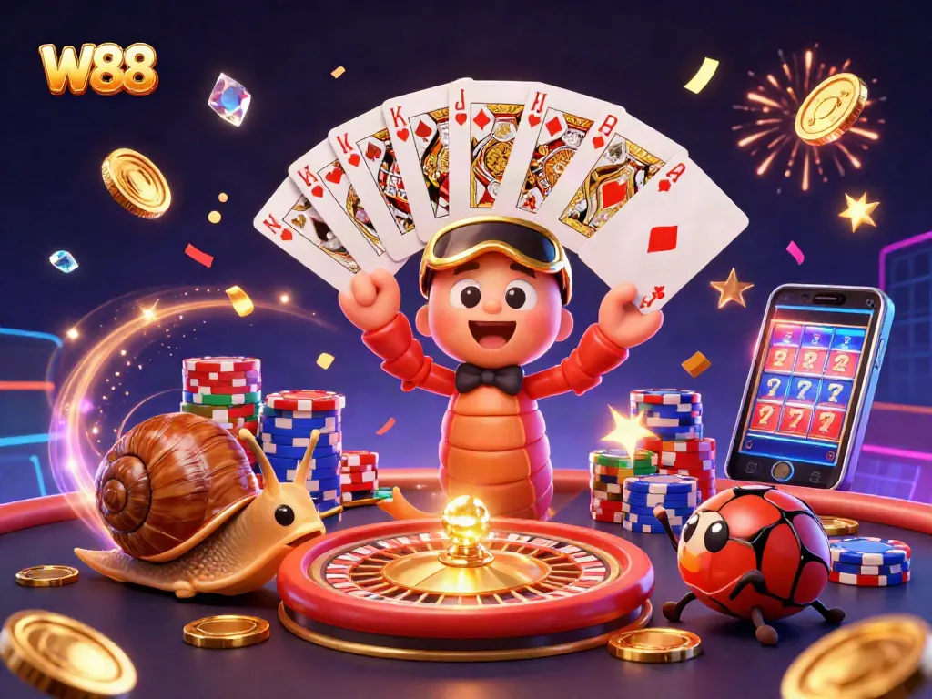 Win big with W88's immersive gaming experience featuring unique 3D casino elements and characters.