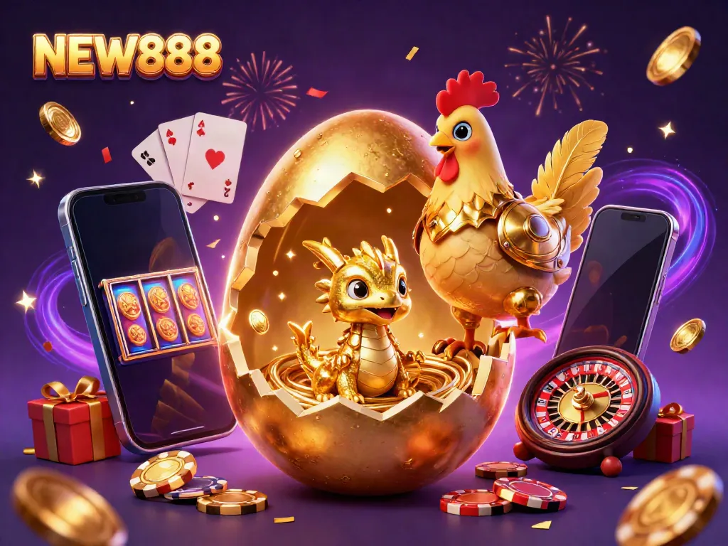 Experience thrilling wins with NEW888's fantasy scene of golden treasures and thrilling casino games.