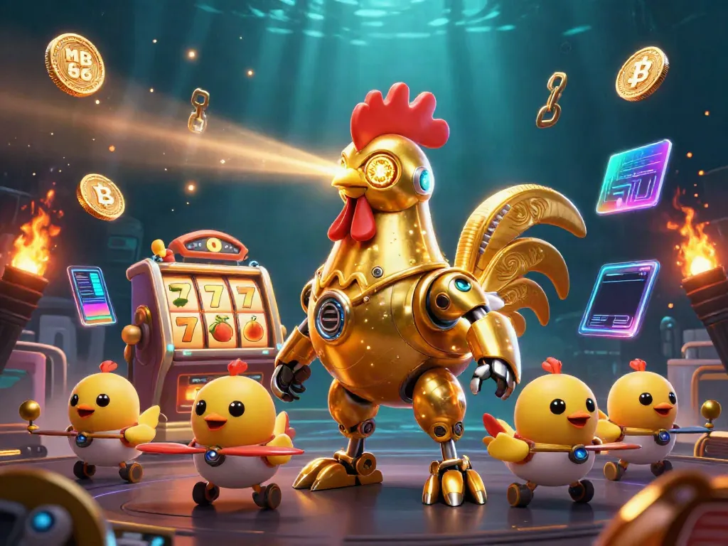 Experience thrilling gameplay at MB 66 with vibrant casino elements surrounding a golden rooster robot.