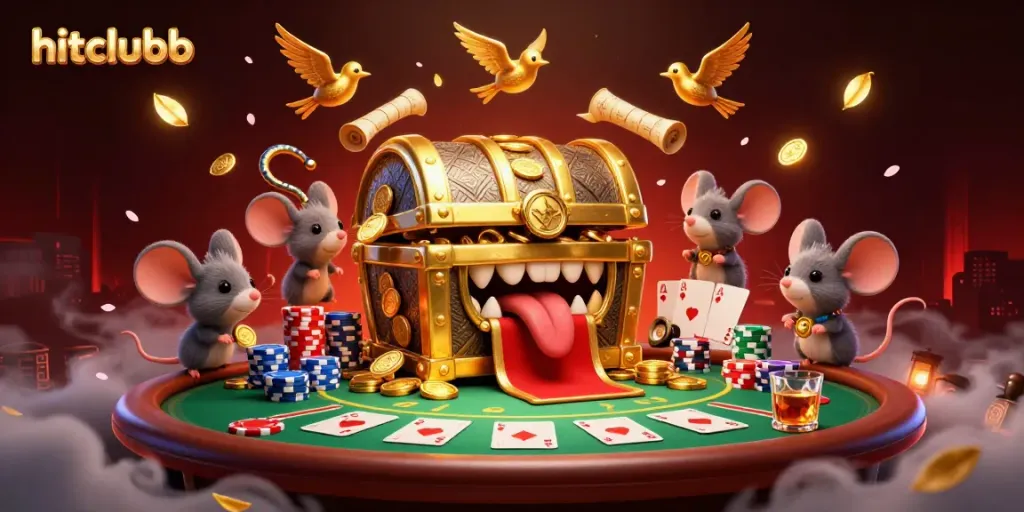 Experience the excitement of hitclubb with cartoon treasures and poker elements in a vibrant casino scene.