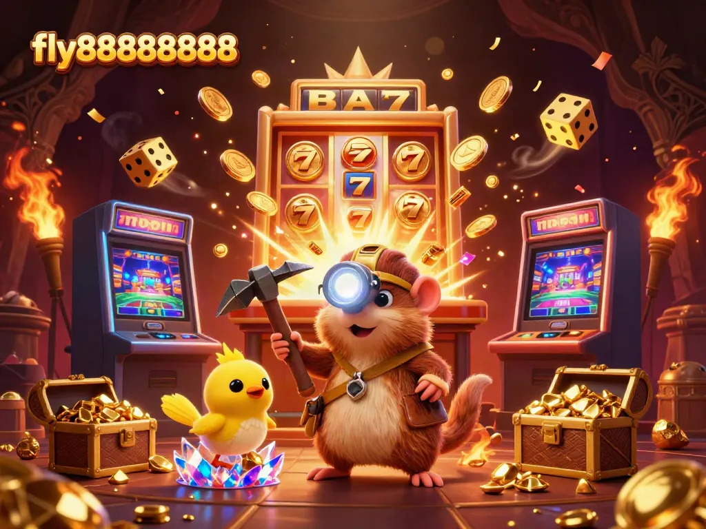 Experience the excitement at fly88888888 with a treasure hunter mole in a vibrant casino environment.