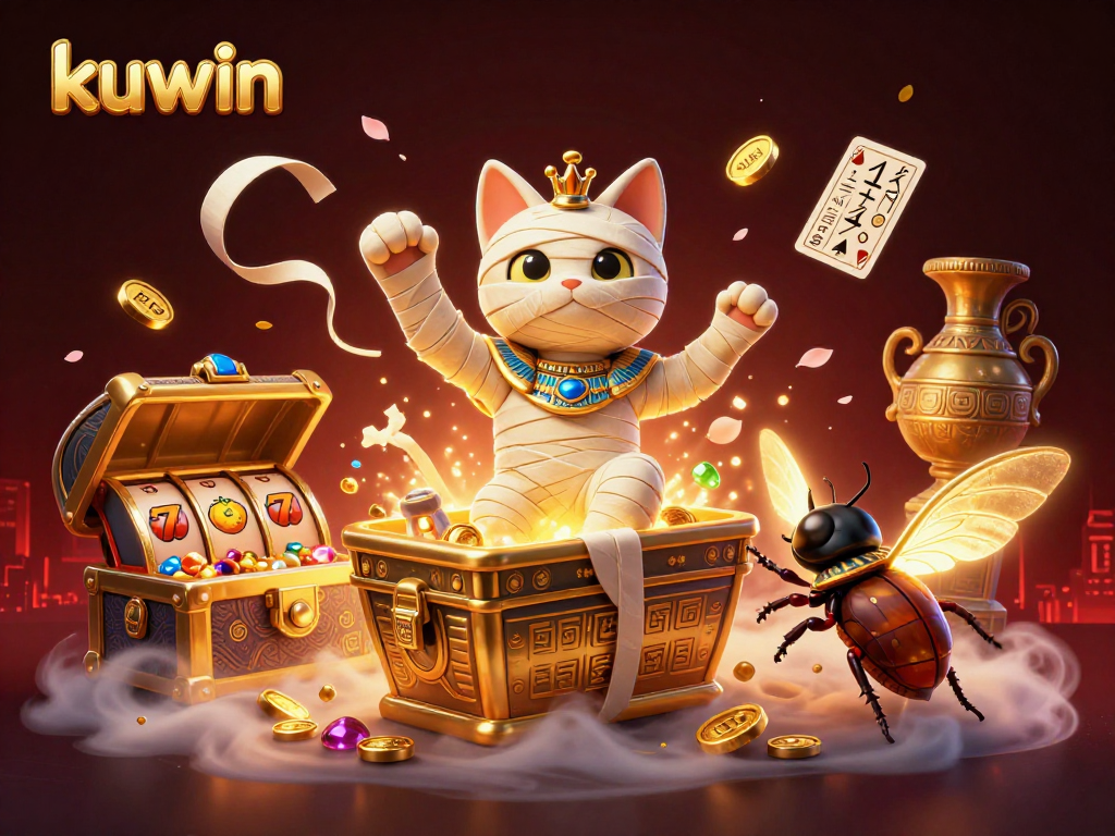 Experience thrilling slots at kuwin with a lively Egyptian mummy cat and vibrant game symbols