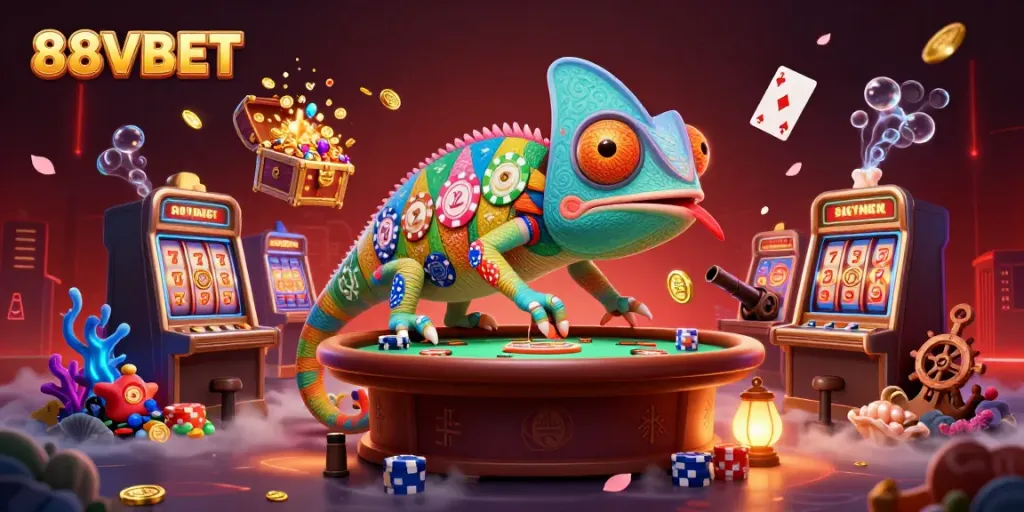 Join the vibrant chameleon casino owner in an ultra-detailed scene featuring 88VBET, with jackpot slots and underwater treasures.