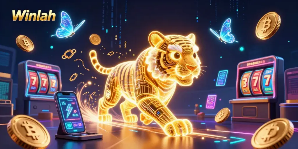 Engage with Winlah’s vibrant online casino scene featuring a neon tiger and cryptocurrency elements.