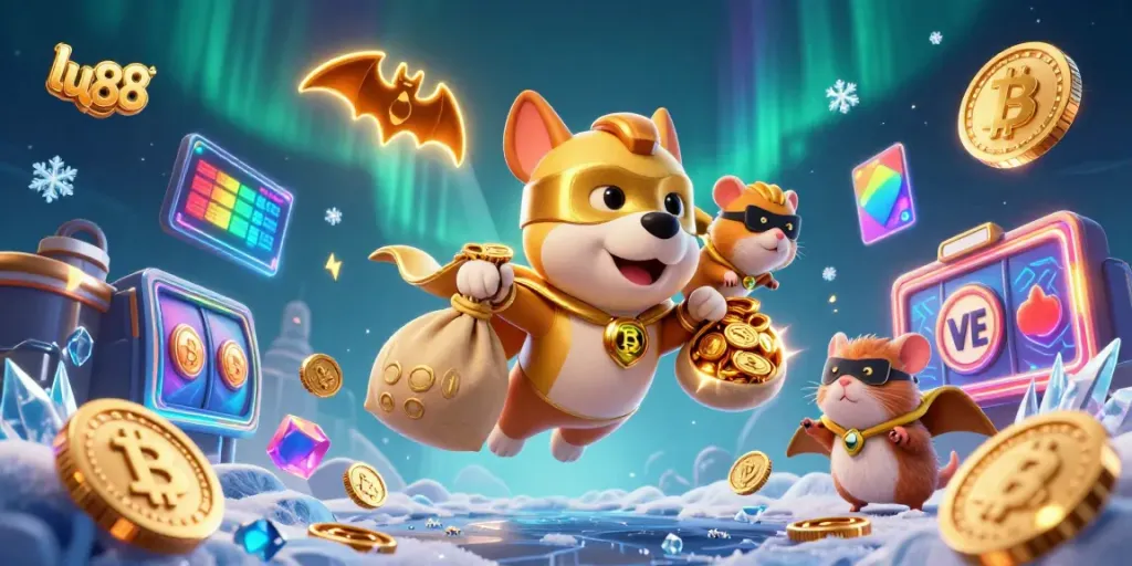 Win big with lu88 in a colorful casino scene featuring a superhero dog and sidekick amidst gold coins and slot machines.