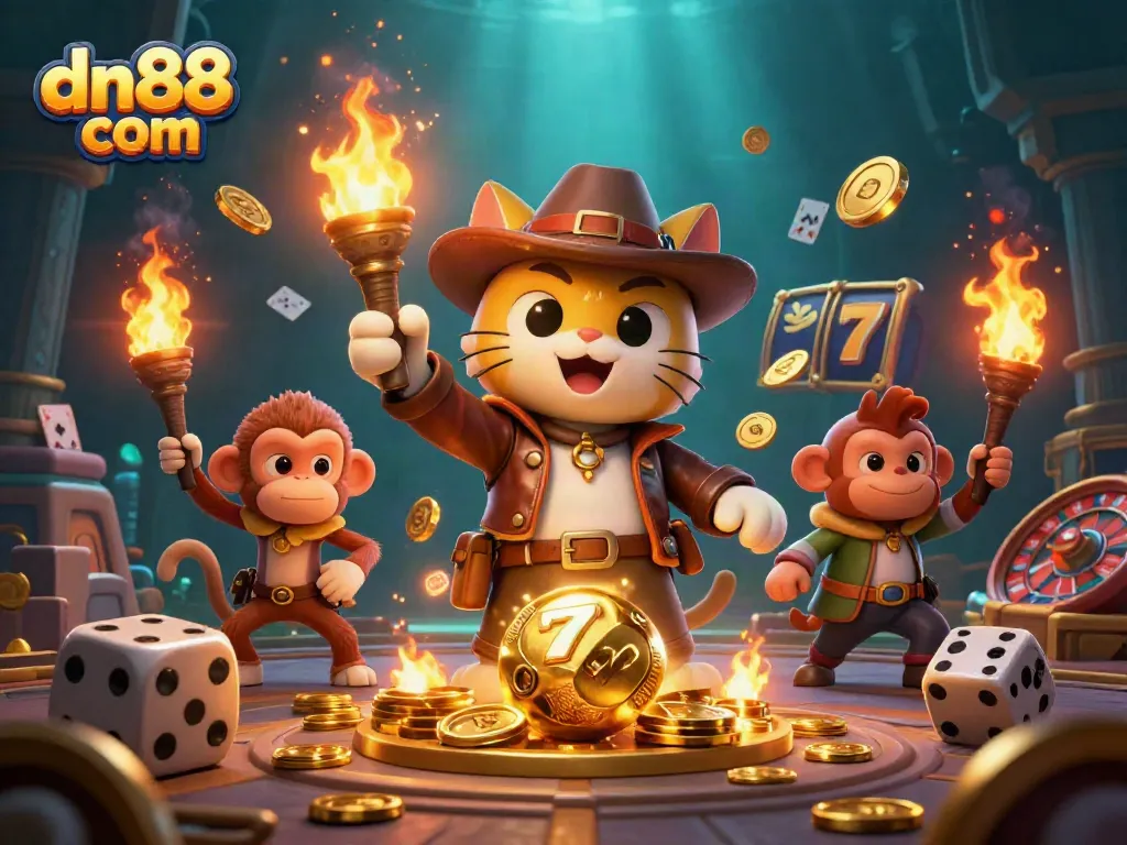 Experience thrilling slots action at dn88 com with a vibrant treasure-hunting cat and monkey in a golden casino