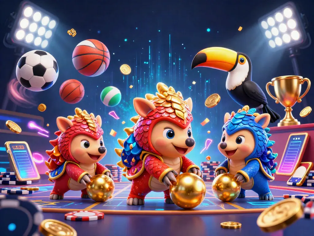 uu88 pangolins rolling golden balls in a vibrant casino-themed illustration, showcasing dynamic gambling action.